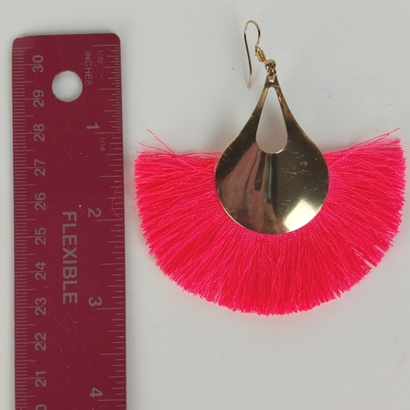 Gold Earrings with Neon Pink Tassels - Picture 3 of 3